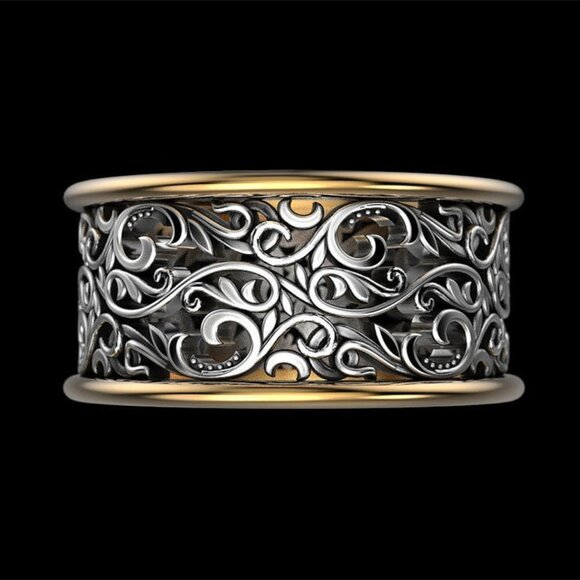 💥  Beautiful Carved Dainty Double Layer Wide Vintage Ring Women/Man, PD732 - Picture 1 of 6